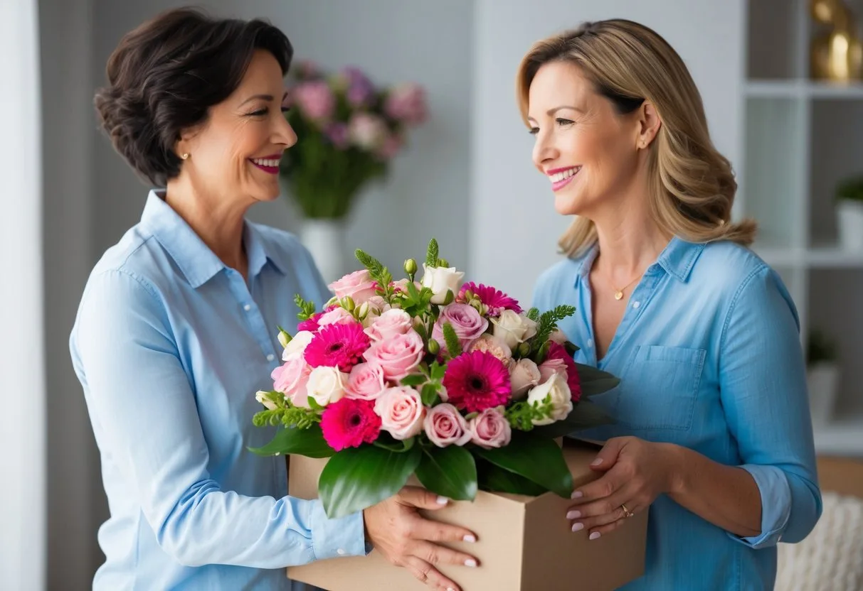 A mother modtager en luksuriøs buket blomster gennem en leveringsservice med et smil på hendes ansigt mens hun fejrer moderskab